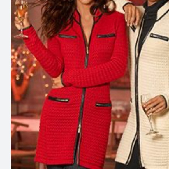 Boston Proper Jackets & Blazers - Boston Proper Double Zip Red Textured Sweater Jacket w/ Zipper Pockets Size XXS